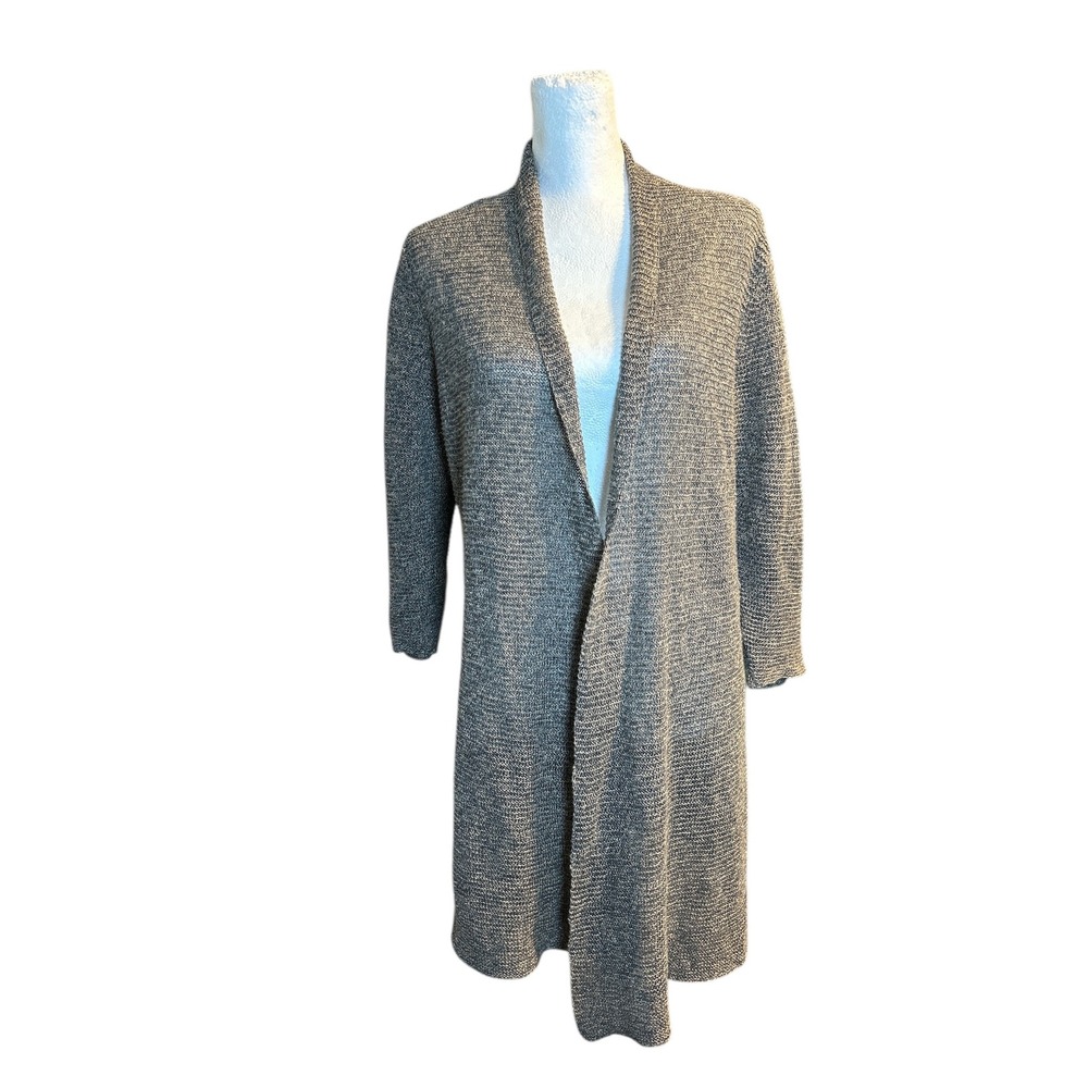 Eileen Fisher Linen Duster Cardigan Open Front Knit Sweater Brown Medium